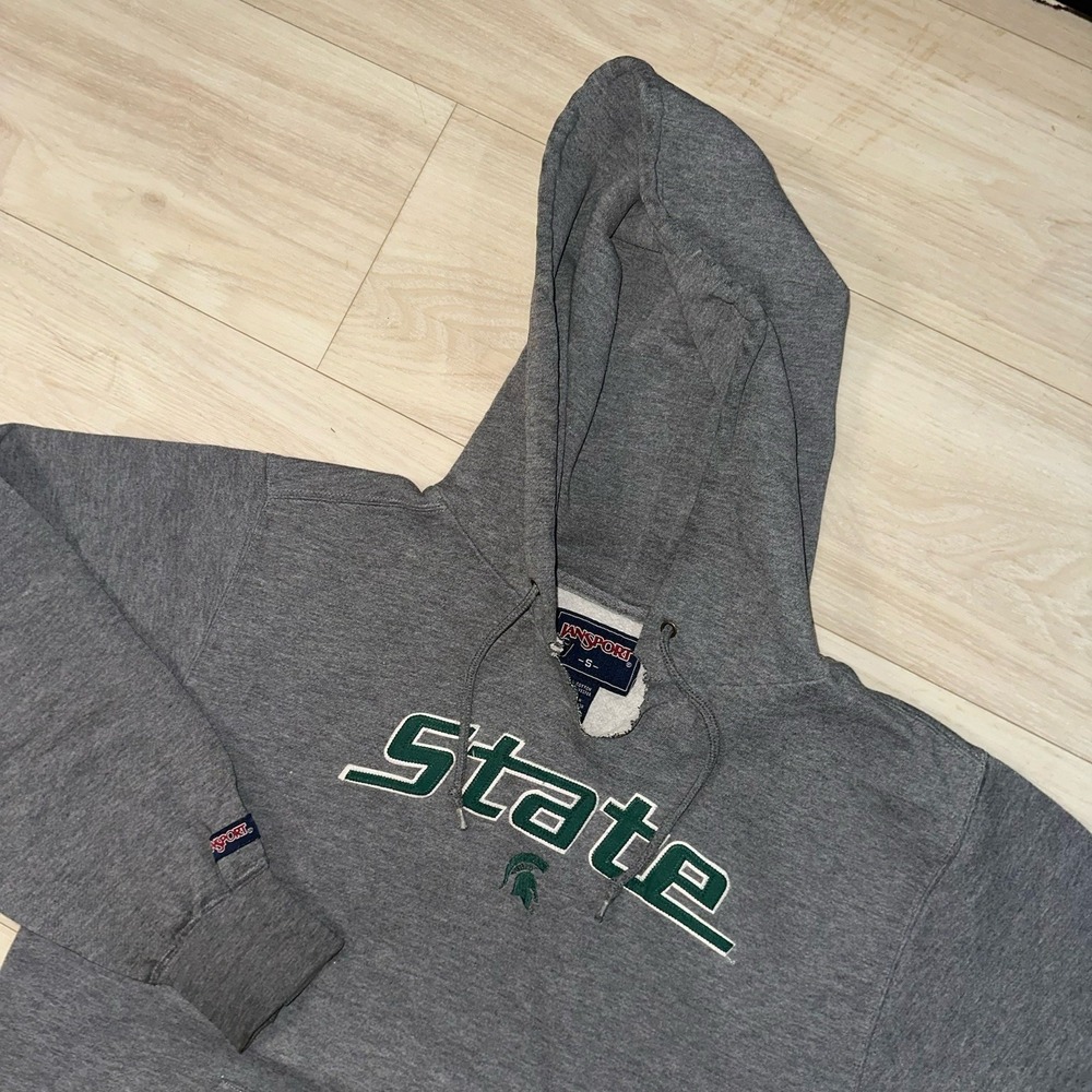 Vintage 90s Jansport Michigan State Hoodie Size Small Gray Grunge Distress NCAA‎